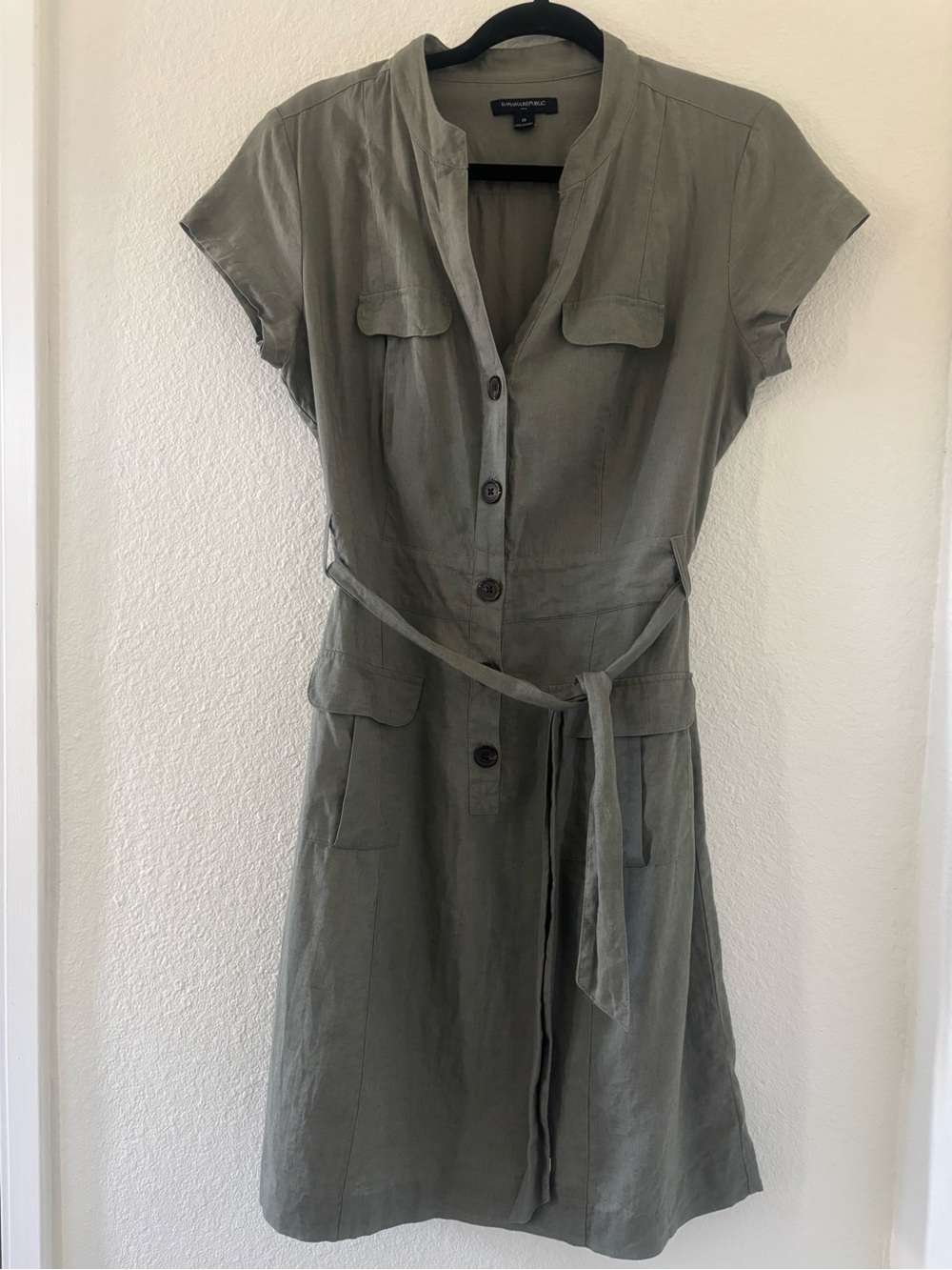 Banana Republic Olive linen blend Green Button-Front Shirt Dress 10